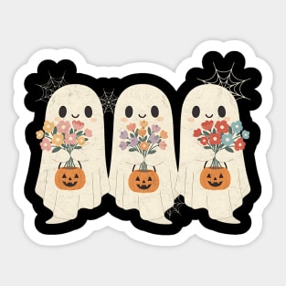 Cute Ghosts with Flowers in Pumpkin Basket Sticker